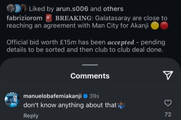 开云APP下载-遭本人打脸！阿坎吉在罗马诺动态下回复：我啥都不知道